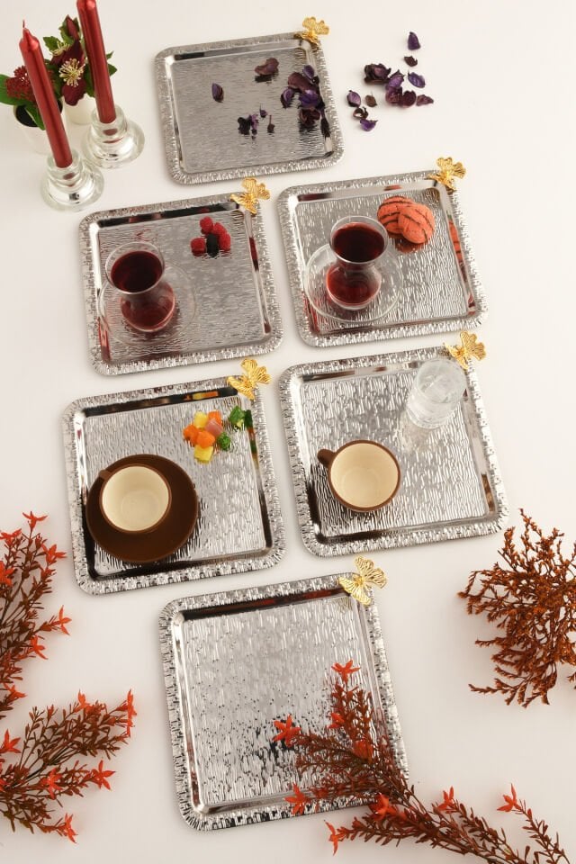 Dolce Gümüş Paslanmaz Desenli Kare Köşesi Tek Kelebek Detaylı 6'lı Kahve Çay Sunumluk Servis Tepsi