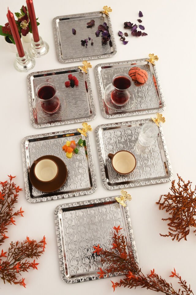 Dolce Gümüş Paslanmaz Desenli Kare Köşesi Tek Kelebek Detaylı 6'lı Kahve Çay Sunumluk Servis Tepsi