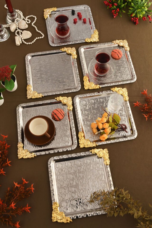 Abra Gümüş Paslanmaz Desenli Kare Köşesi Gold Çiçek Detaylı 6'lı Kahve Çay Sunumluk Servis Tepsi