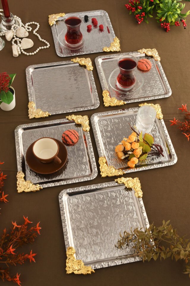 Abra Gümüş Paslanmaz Desenli Kare Köşesi Gold Çiçek Detaylı 6'lı Kahve Çay Sunumluk Servis Tepsi