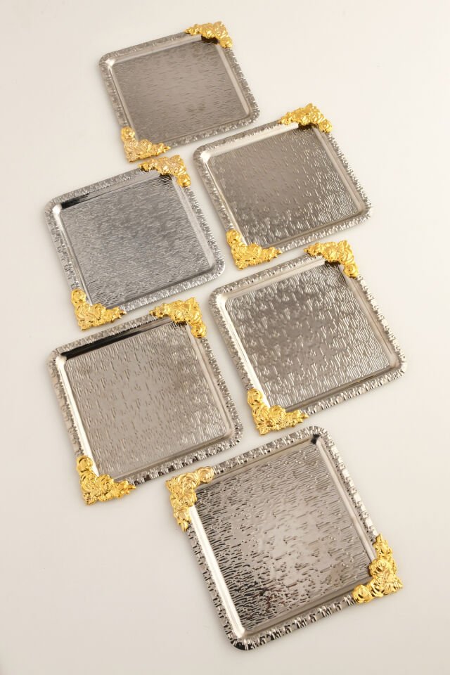 Abra Gümüş Paslanmaz Desenli Kare Köşesi Gold Çiçek Detaylı 6'lı Kahve Çay Sunumluk Servis Tepsi