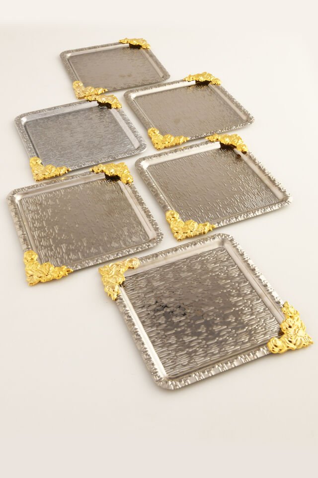Abra Gümüş Paslanmaz Desenli Kare Köşesi Gold Çiçek Detaylı 6'lı Kahve Çay Sunumluk Servis Tepsi