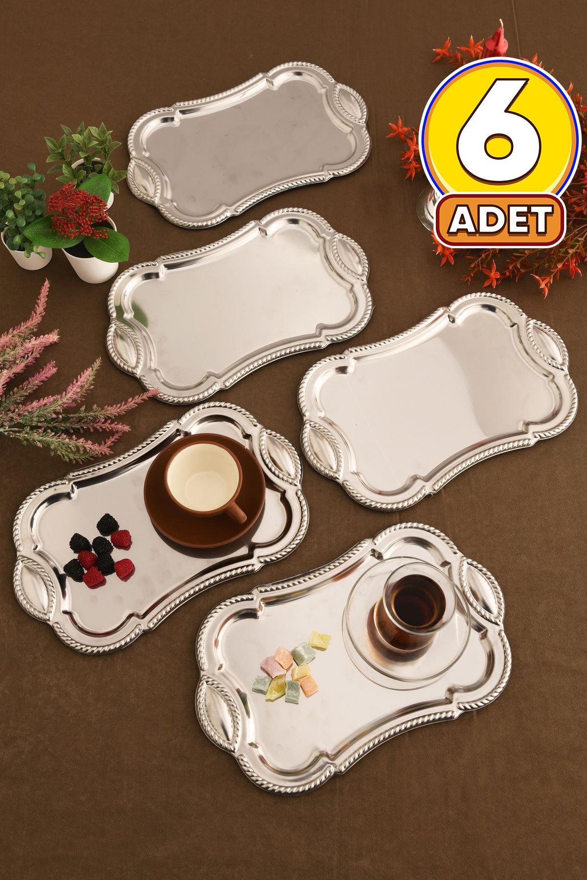 Liven Paslanmaz Dikdörtgen Burgu Desen Sunum Tepsisi Gümüş 6 Lı Takım