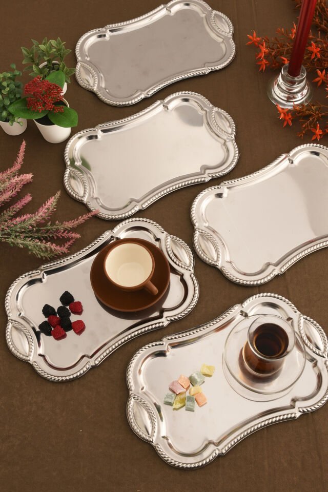 Liven Paslanmaz Dikdörtgen Burgu Desen Sunum Tepsisi Gümüş 6 Lı Takım