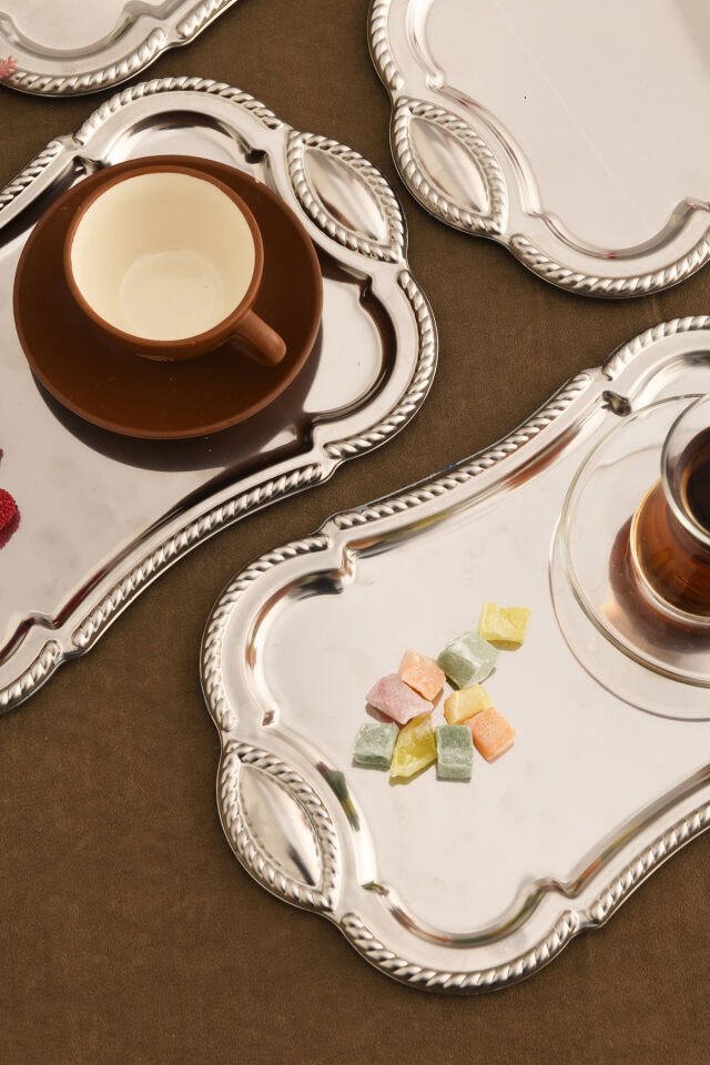 Liven Paslanmaz Dikdörtgen Burgu Desen Sunum Tepsisi Gümüş 6 Lı Takım