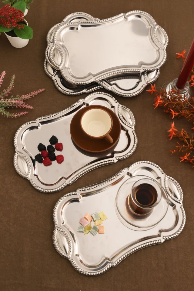 Liven Paslanmaz Dikdörtgen Burgu Desen Sunum Tepsisi Gümüş 6 Lı Takım