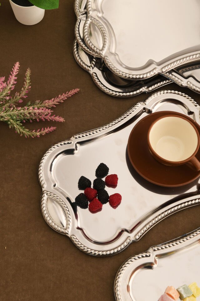 Liven Paslanmaz Dikdörtgen Burgu Desen Sunum Tepsisi Gümüş 6 Lı Takım