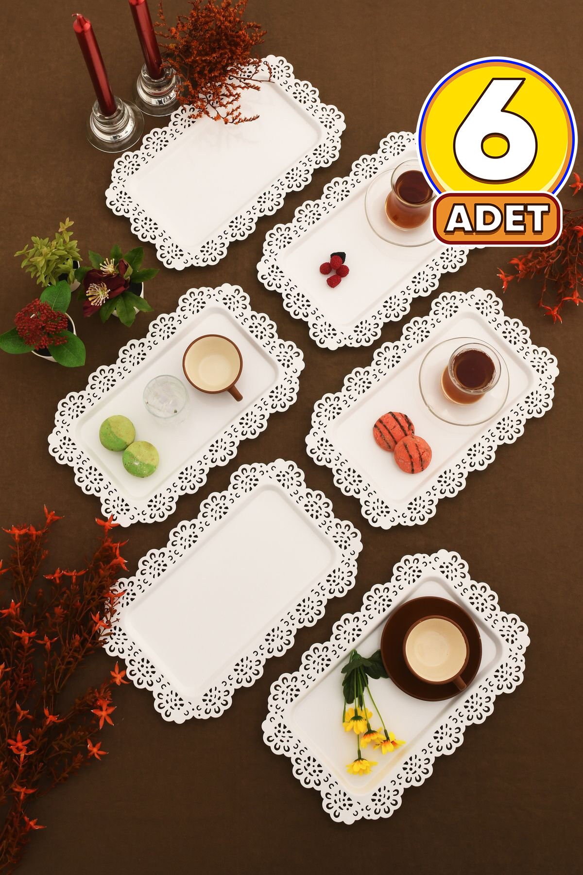 Waro 6 Lı Takım Dantel Desenli Beyaz Sunum Tepsisi