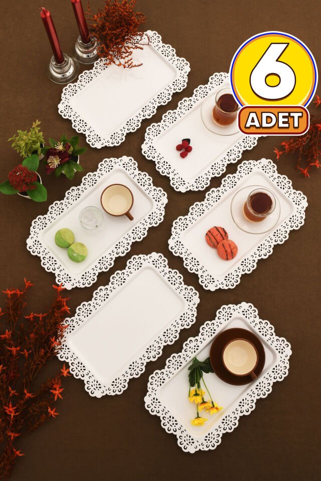 Waro 6 Lı Takım Dantel Desenli Beyaz Sunum Tepsisi