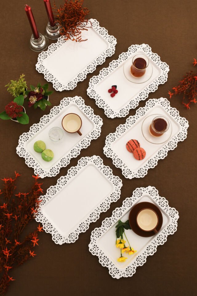 Waro 6 Lı Takım Dantel Desenli Beyaz Sunum Tepsisi