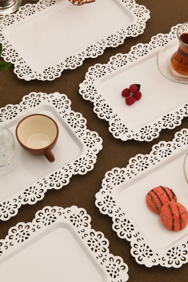 Waro 6 Lı Takım Dantel Desenli Beyaz Sunum Tepsisi