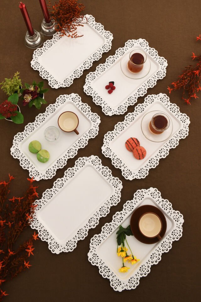 Waro 6 Lı Takım Dantel Desenli Beyaz Sunum Tepsisi