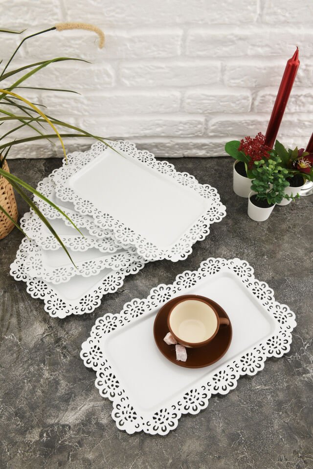 Waro 6 Lı Takım Dantel Desenli Beyaz Sunum Tepsisi