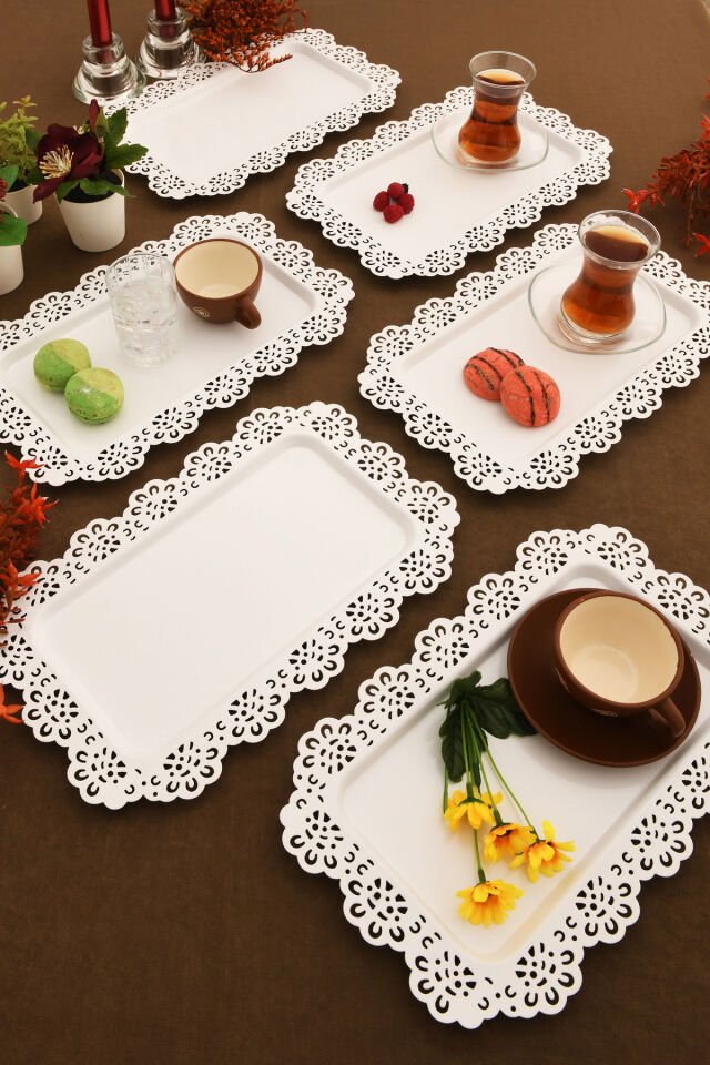 Waro 6 Lı Takım Dantel Desenli Beyaz Sunum Tepsisi