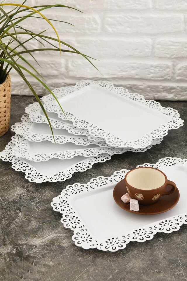 Waro 6 Lı Takım Dantel Desenli Beyaz Sunum Tepsisi