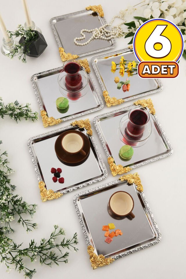 SOLE Gümüş Gold Çiçek Desenli Paslanmaz 6'lı Dekoratif Kare Sunumluk Tepsi