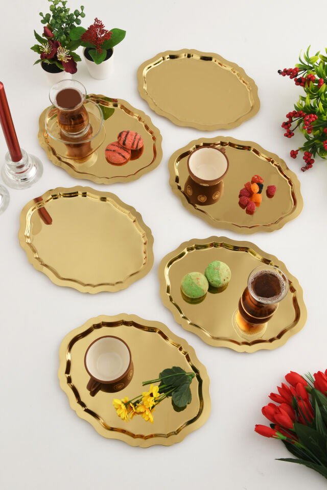 Ovaldi Gold 6'lı Paslanmaz Çelik Oval Kahve Sunum Tepsisi Servis Çay Tepsisi Dekoratif Tepsi
