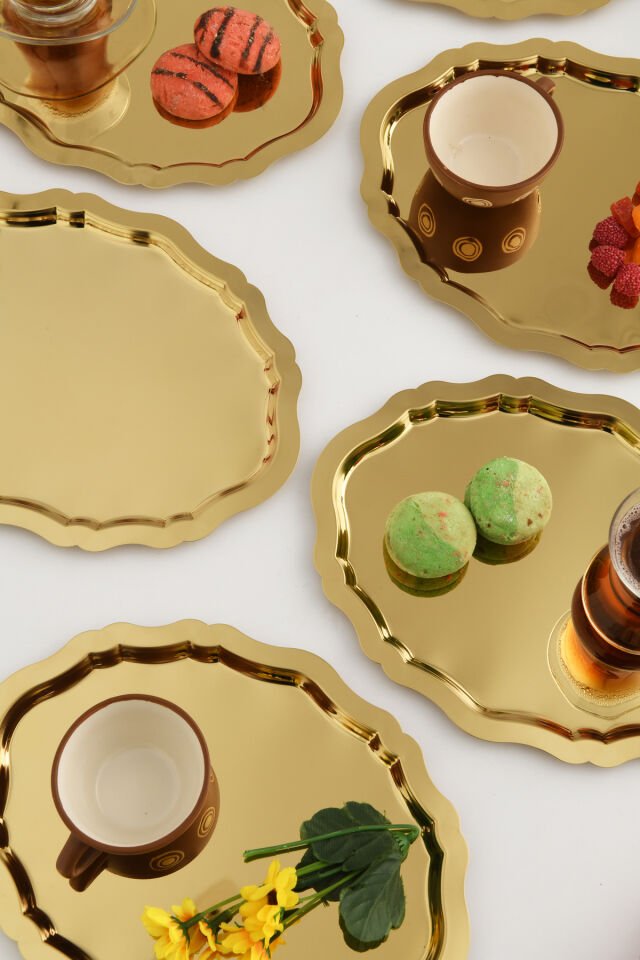 Ovaldi Gold 6'lı Paslanmaz Çelik Oval Kahve Sunum Tepsisi Servis Çay Tepsisi Dekoratif Tepsi