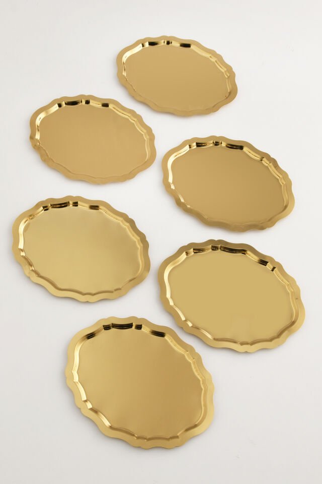 Ovaldi Gold 6'lı Paslanmaz Çelik Oval Kahve Sunum Tepsisi Servis Çay Tepsisi Dekoratif Tepsi