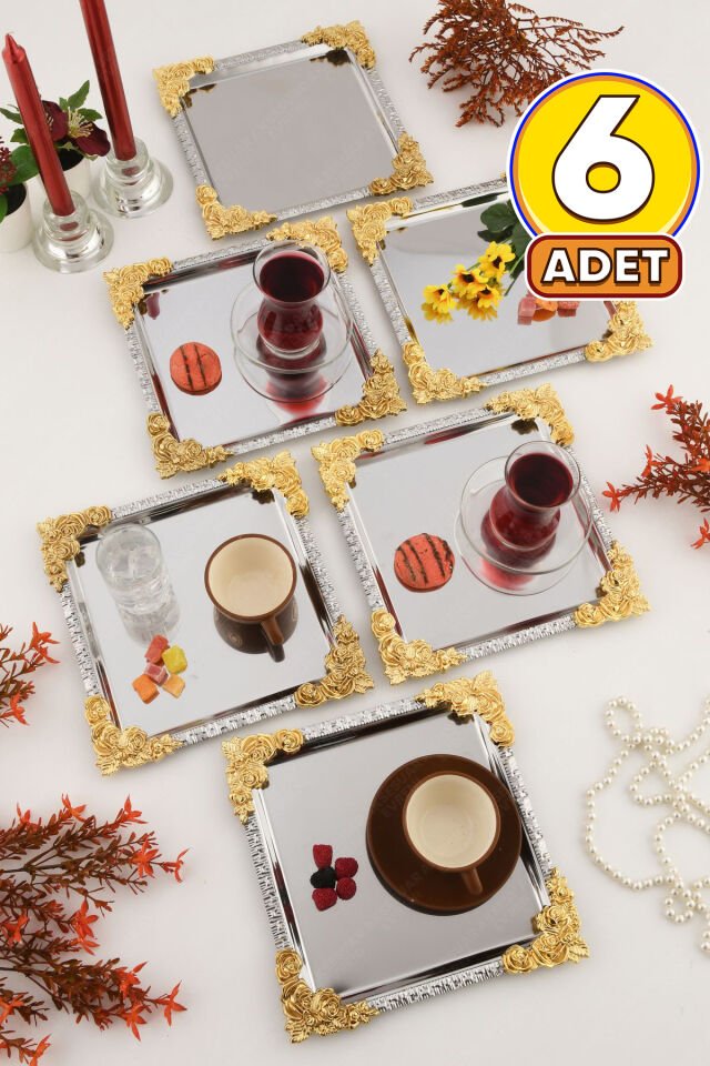ALVE Gümüş Gold Çerçeveli Çiçek Desenli Paslanmaz 6'lı Dekoratif Kare Sunumluk Tepsi