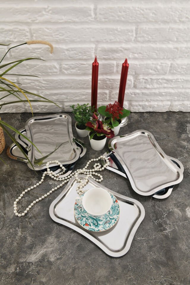 Naldo Kahve Sunum Tepsisi Gümüş - Paslanmaz Italyan Model 6 Lı Set