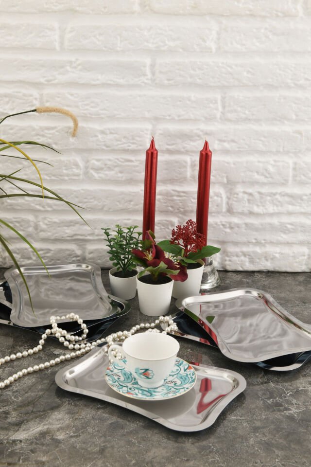 Naldo Kahve Sunum Tepsisi Gümüş - Paslanmaz Italyan Model 6 Lı Set