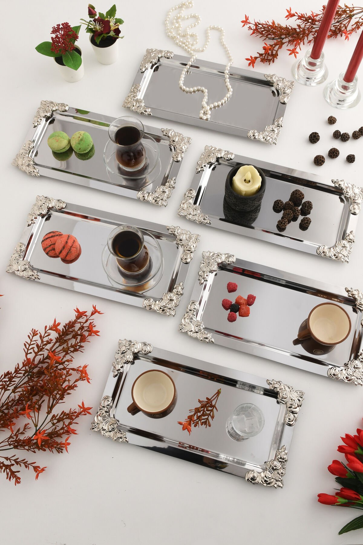 Molisi Gümüş 6'lı Gümüş Süs Detaylı Kayık Kahve Sunum Tepsisi Servis Çay Tepsisi Dekoratif Tepsi