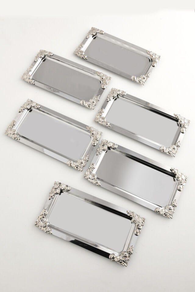 Molisi Gümüş 6'lı Gümüş Süs Detaylı Kayık Kahve Sunum Tepsisi Servis Çay Tepsisi Dekoratif Tepsi