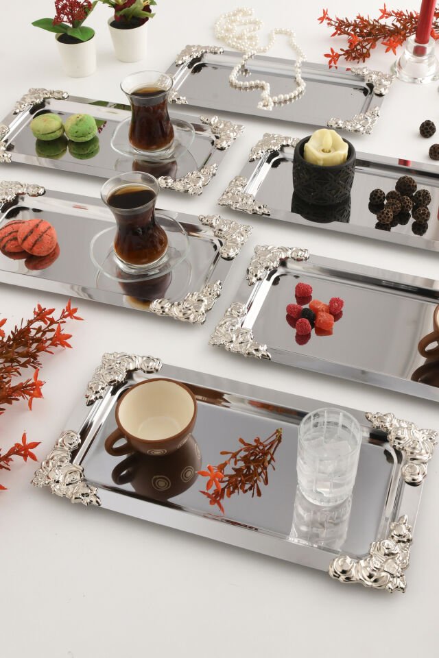 Molisi Gümüş 6'lı Gümüş Süs Detaylı Kayık Kahve Sunum Tepsisi Servis Çay Tepsisi Dekoratif Tepsi