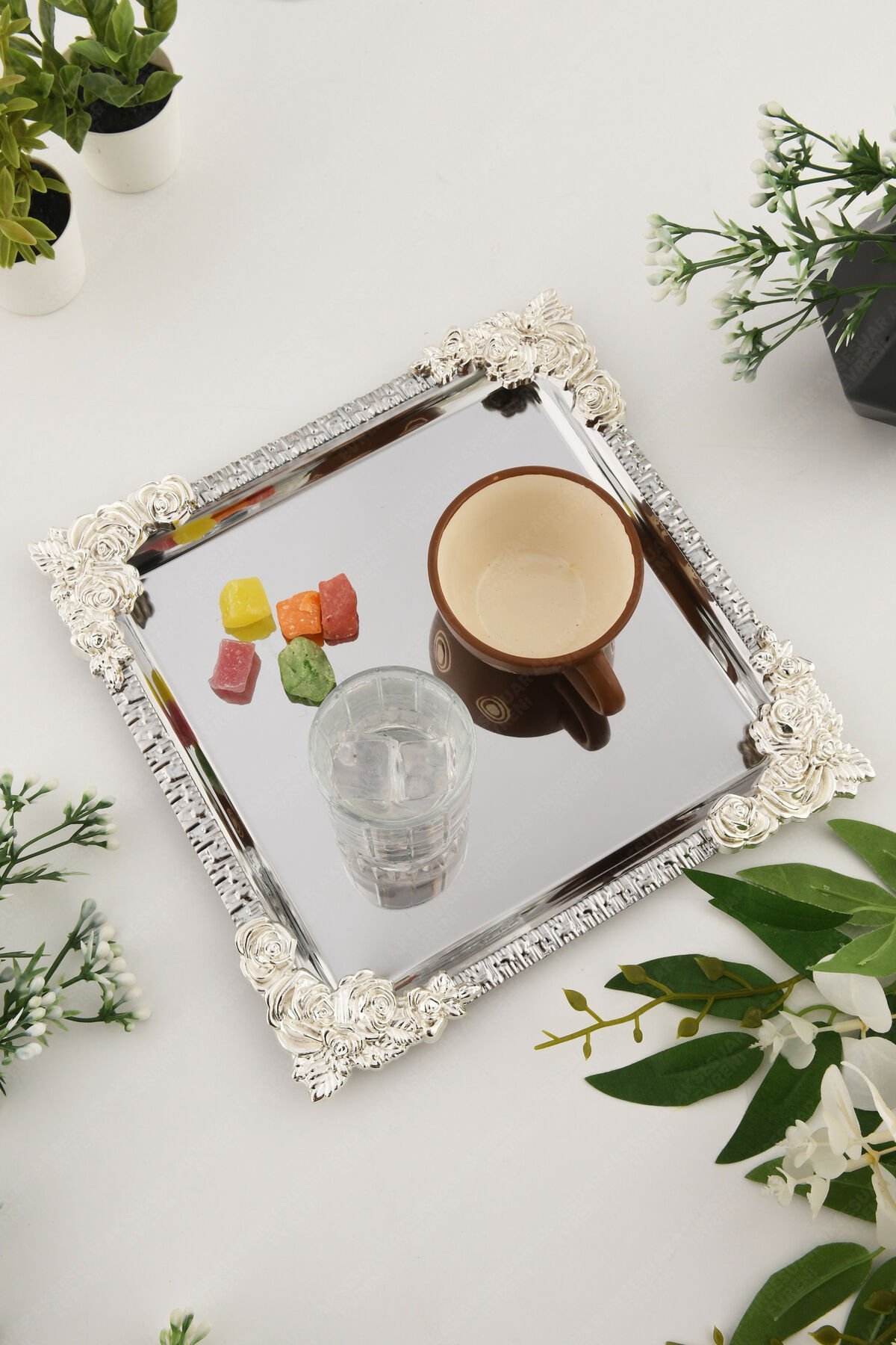 ALVE Gümüş Çiçek Desenli Paslanmaz Dekoratif Kare Sunumluk Tepsi