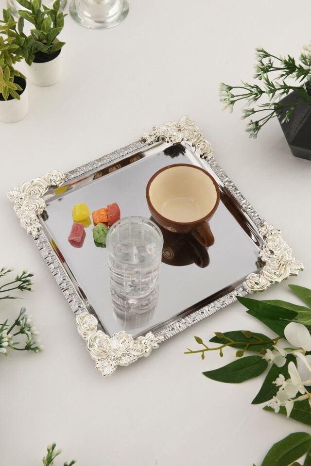 ALVE Gümüş Çiçek Desenli Paslanmaz Dekoratif Kare Sunumluk Tepsi