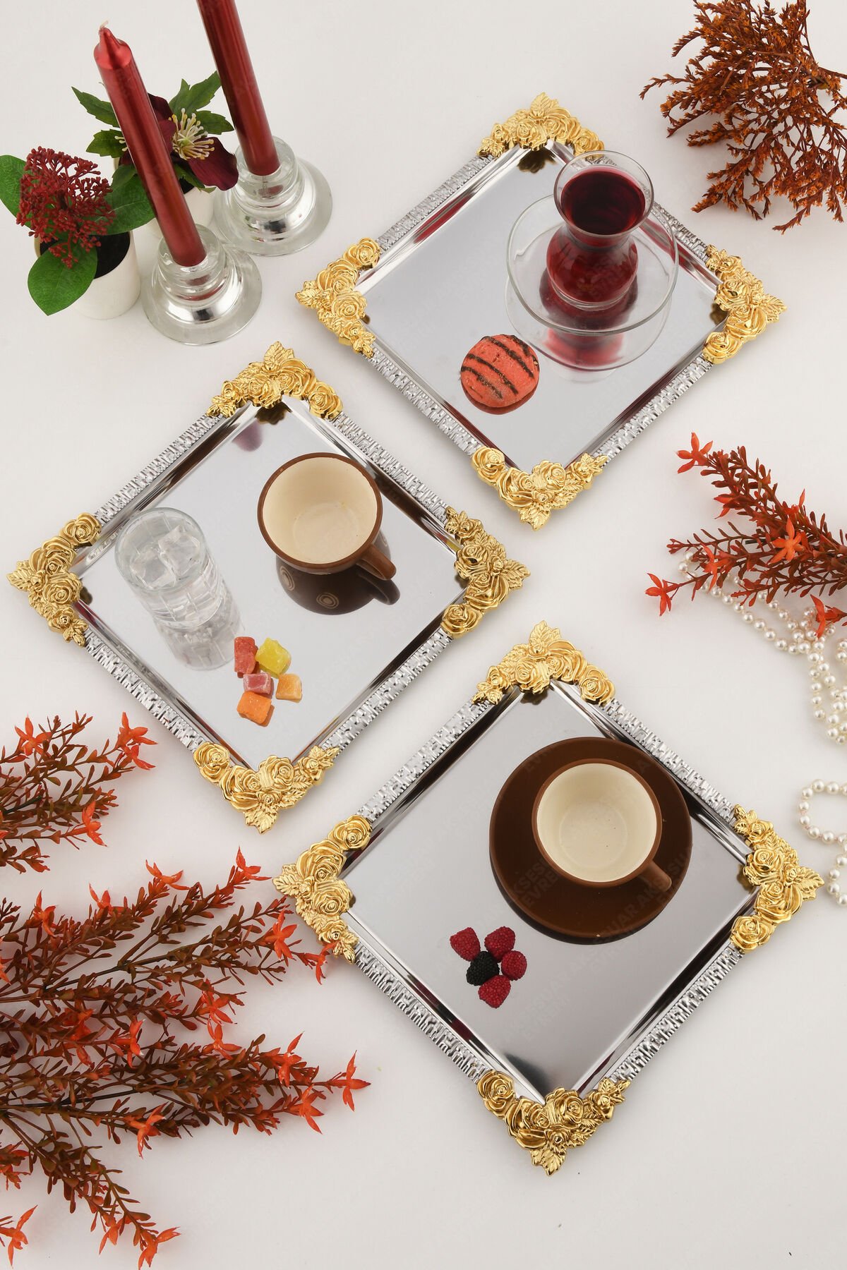 ALVE Gümüş Gold Çiçek Desenli Paslanmaz 3'lü Dekoratif Kare Sunumluk Tepsi