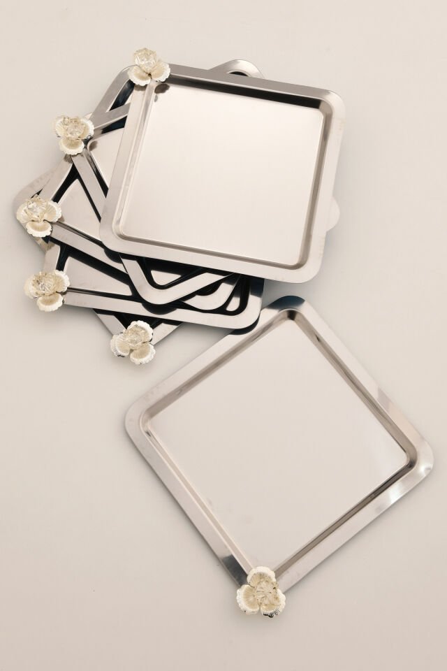 Anter 6 Lı Takım Paslanmaz Kahve Ve Çok Amaçlı Sunum Tepsisi Kare Taşlı Model Dekoratif Tepsi