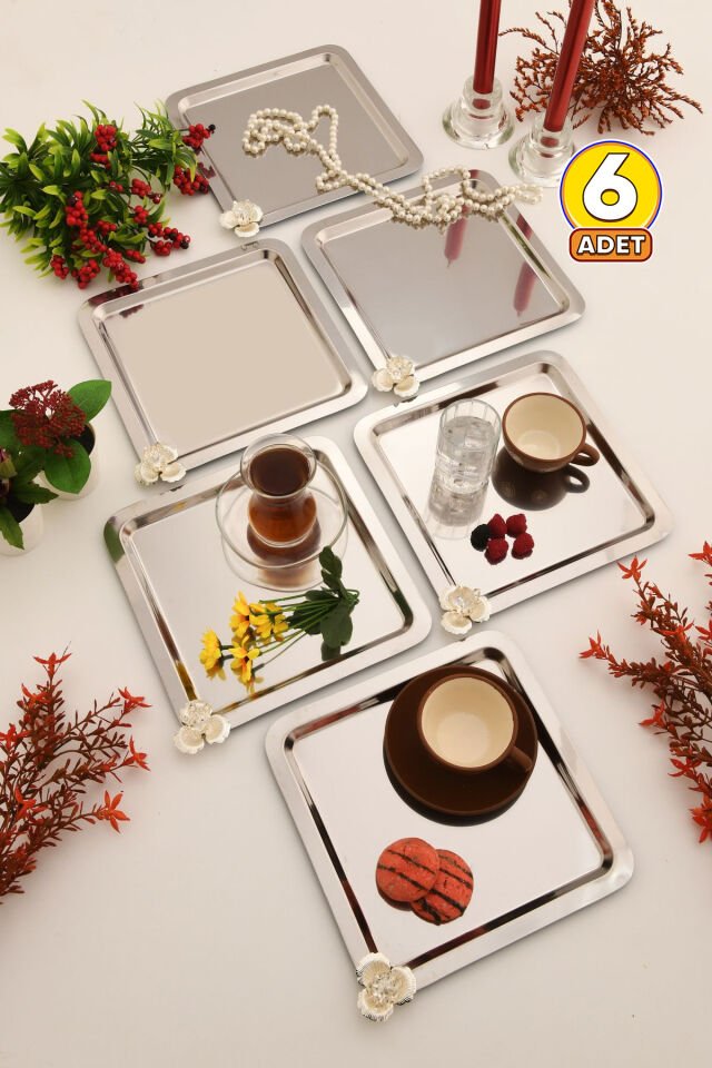 Anter 6 Lı Takım Paslanmaz Kahve Ve Çok Amaçlı Sunum Tepsisi Kare Taşlı Model Dekoratif Tepsi
