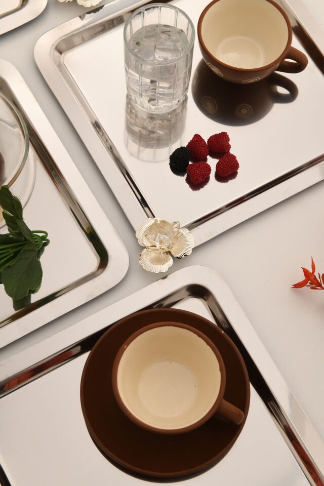 Anter 6 Lı Takım Paslanmaz Kahve Ve Çok Amaçlı Sunum Tepsisi Kare Taşlı Model Dekoratif Tepsi