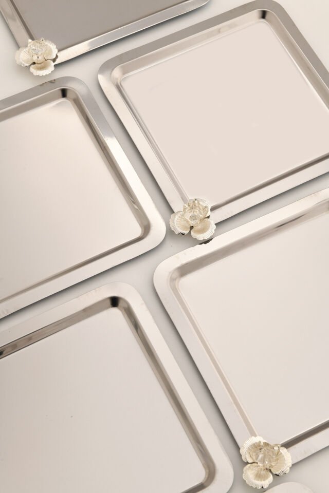 Anter 6 Lı Takım Paslanmaz Kahve Ve Çok Amaçlı Sunum Tepsisi Kare Taşlı Model Dekoratif Tepsi