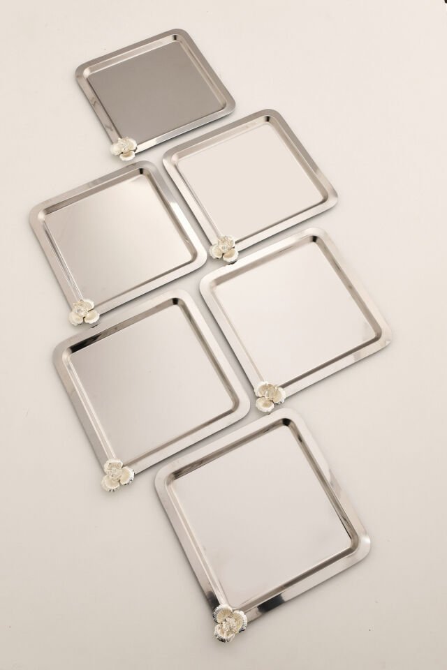 Anter 6 Lı Takım Paslanmaz Kahve Ve Çok Amaçlı Sunum Tepsisi Kare Taşlı Model Dekoratif Tepsi