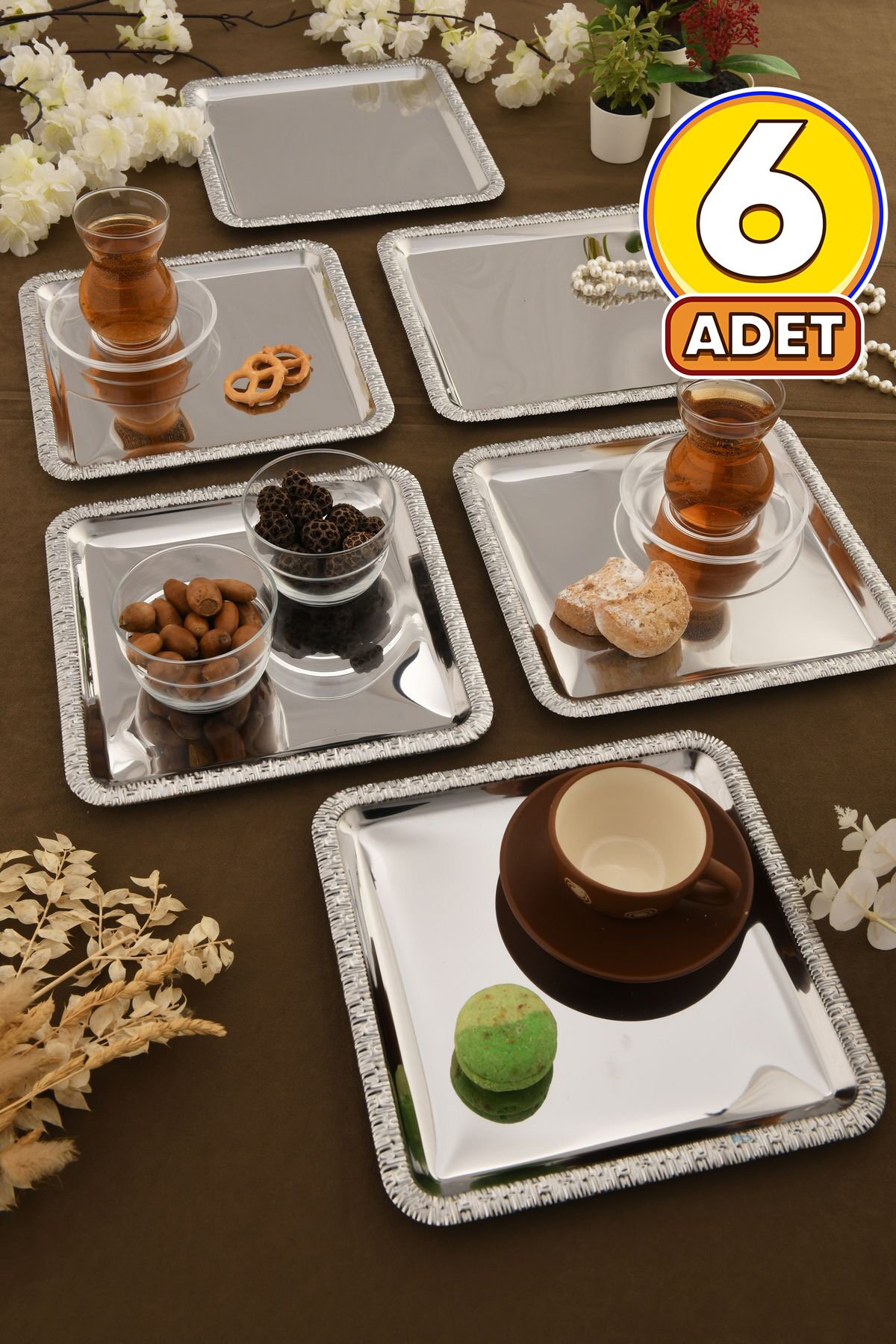 Pave Paslanmaz Kare Desenli Sunum Tepsisi Gümüş 6 Lı Takım