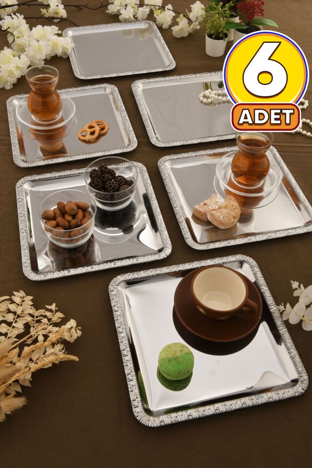 Pave Paslanmaz Kare Desenli Sunum Tepsisi Gümüş 6 Lı Takım