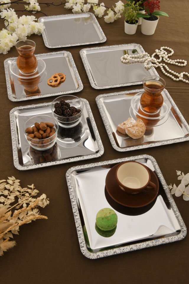 Pave Paslanmaz Kare Desenli Sunum Tepsisi Gümüş 6 Lı Takım