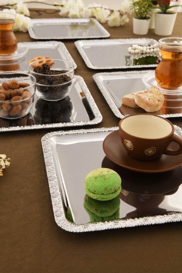 Pave Paslanmaz Kare Desenli Sunum Tepsisi Gümüş 6 Lı Takım