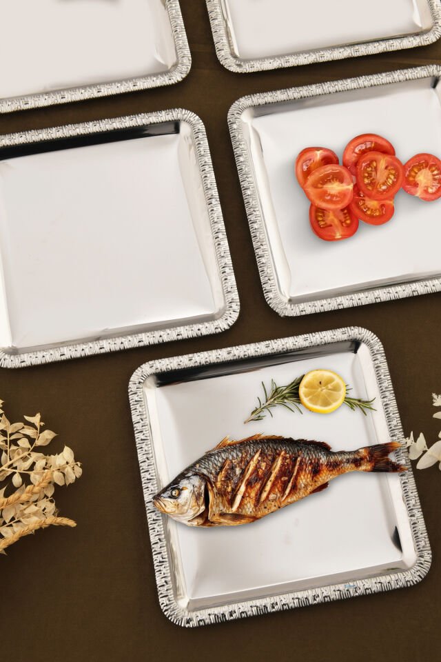 Pave Paslanmaz Kare Desenli Sunum Tepsisi Gümüş 6 Lı Takım