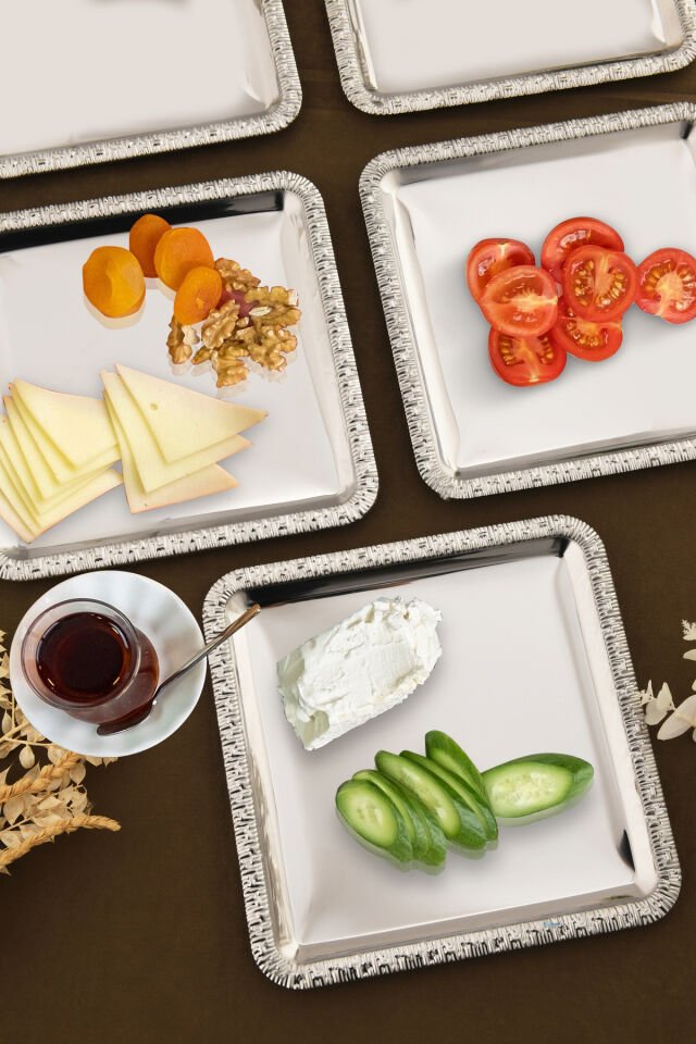 Pave Paslanmaz Kare Desenli Sunum Tepsisi Gümüş 6 Lı Takım