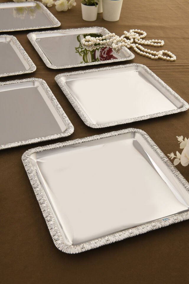 Pave Paslanmaz Kare Desenli Sunum Tepsisi Gümüş 6 Lı Takım