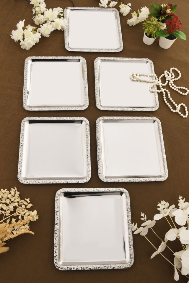 Pave Paslanmaz Kare Desenli Sunum Tepsisi Gümüş 6 Lı Takım