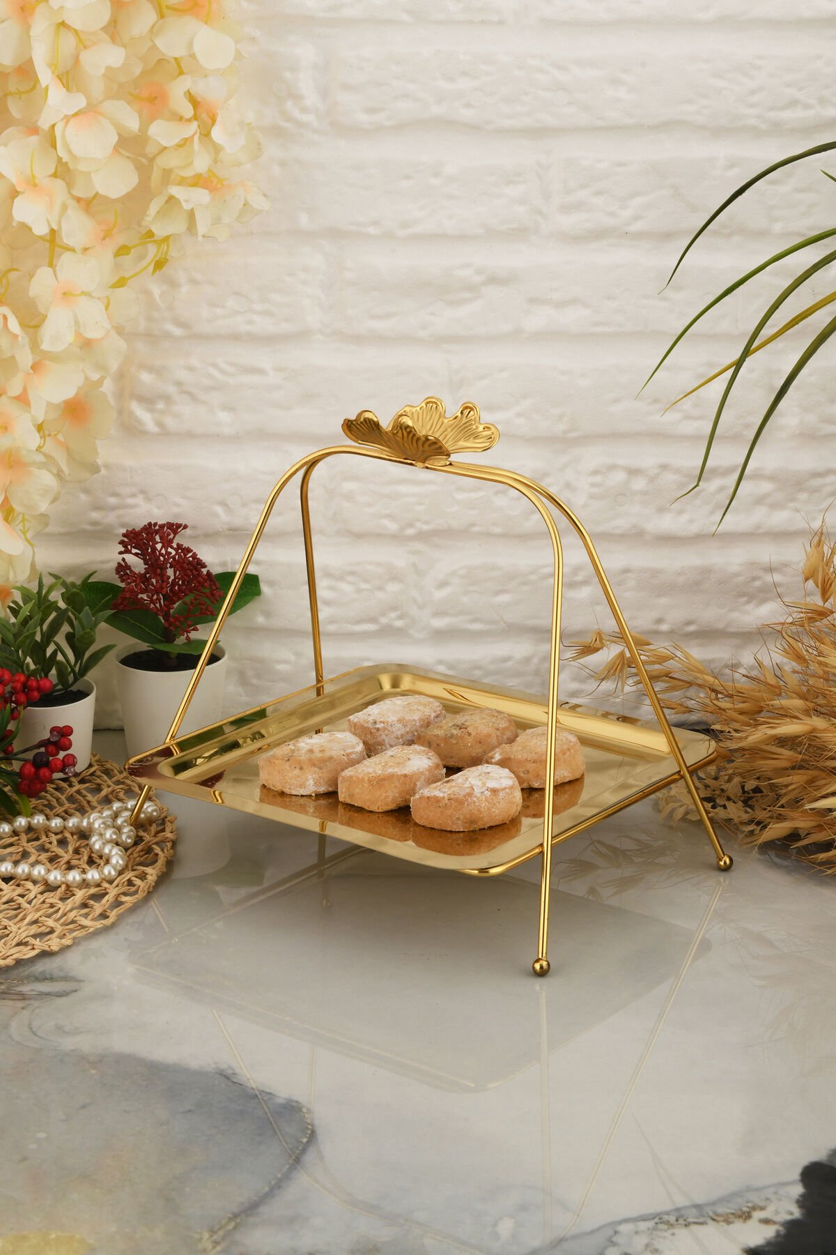 Lila Lüks Gold Paslanmaz Metal Sunum ve Servis Tepsisi Dekoratif Ayaklı İkramlık Tabak Tepsi