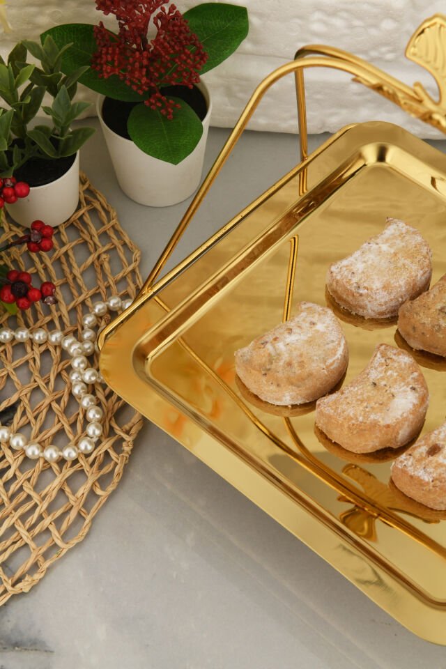 Lila Lüks Gold Paslanmaz Metal Sunum ve Servis Tepsisi Dekoratif Ayaklı İkramlık Tabak Tepsi