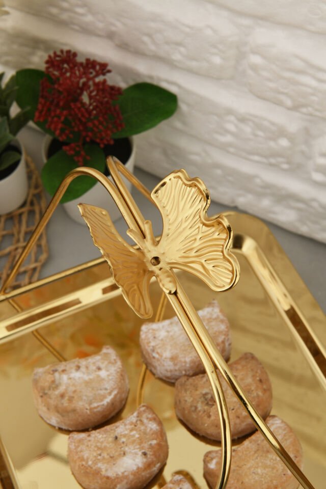 Lila Lüks Gold Paslanmaz Metal Sunum ve Servis Tepsisi Dekoratif Ayaklı İkramlık Tabak Tepsi