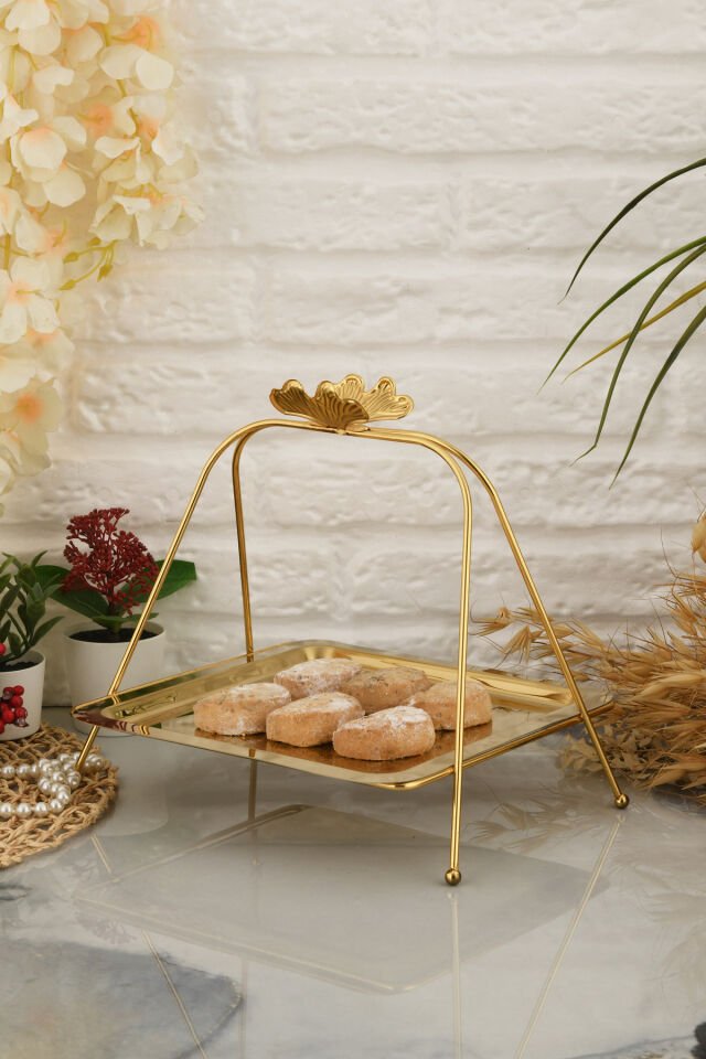 Lila Lüks Gold Paslanmaz Metal Sunum ve Servis Tepsisi Dekoratif Ayaklı İkramlık Tabak Tepsi