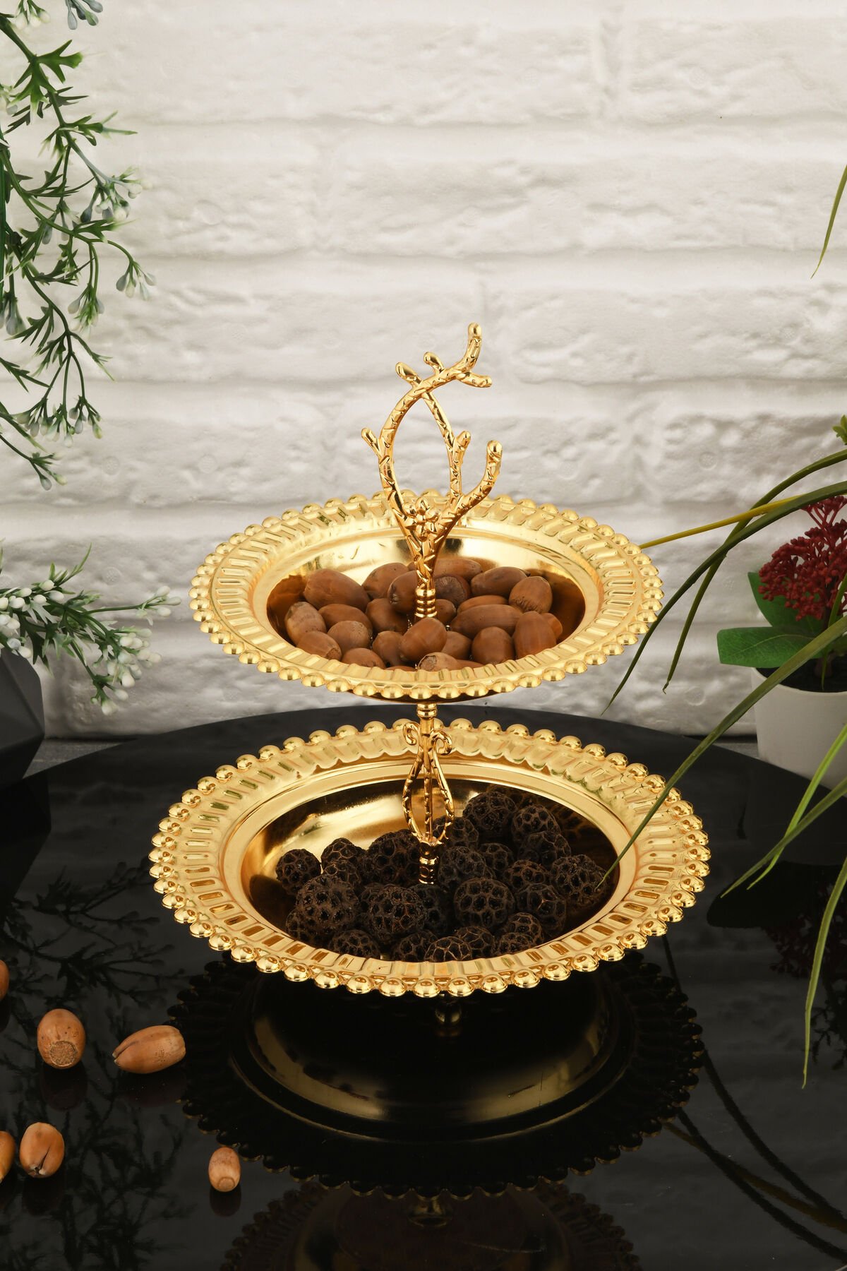 Juni Lüks Gold Paslanmaz Metal Sunum ve Servis Tepsisi Dekoratif Ayaklı İki Katlı İkramlık Tepsi